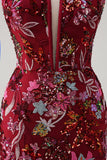 Sparkly Burgundy Sereia Long Sequin Vestido Floral Prom Vestido com Fenda