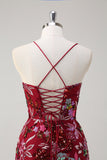 Sparkly Burgundy Sereia Long Sequin Vestido Floral Prom Vestido com Fenda