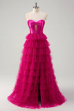 Fuchsia Princess Strapless Cut out Tiered Tulle Vestidos Longos Prom