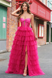 Fuchsia Princess Strapless Cut out Tiered Tulle Vestidos Longos Prom