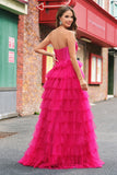 Fuchsia Princess Strapless Cut out Tiered Tulle Vestidos Longos Prom