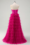 Fuchsia Princess Strapless Cut out Tiered Tulle Vestidos Longos Prom