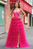 Fuchsia Princess Strapless Cut out Tiered Tulle Vestidos Longos Prom