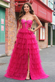 Fuchsia Princess Strapless Cut out Tiered Tulle Vestidos Longos Prom