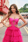 Fuchsia Princess Strapless Cut out Tiered Tulle Vestidos Longos Prom