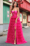 Fuchsia Princess Strapless Cut out Tiered Tulle Vestidos Longos Prom