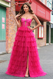 Fuchsia Princess Strapless Cut out Tiered Tulle Vestidos Longos Prom