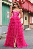 Fuchsia Princess Strapless Cut out Tiered Tulle Vestidos Longos Prom