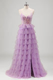 Sparkly A Line Tiered Lilac Sequins Prom Dress com Fenda