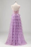 Sparkly A Line Tiered Lilac Sequins Prom Dress com Fenda