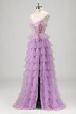 Sparkly A Line Tiered Lilac Sequins Prom Dress com Fenda