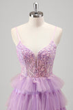 Sparkly A Line Tiered Lilac Sequins Prom Dress com Fenda