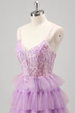 Sparkly A Line Tiered Lilac Sequins Prom Dress com Fenda