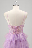 Sparkly A Line Tiered Lilac Sequins Prom Dress com Fenda