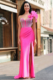 Sereia Fuchsia Um Ombro Removível Ruffles Long Prom Dress com Fenda