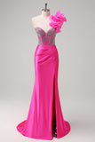 Sereia Fuchsia Um Ombro Removível Ruffles Long Prom Dress com Fenda