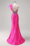 Sereia Fuchsia Um Ombro Removível Ruffles Long Prom Dress com Fenda