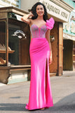 Sereia Fuchsia Um Ombro Removível Ruffles Long Prom Dress com Fenda