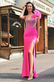 Sereia Fuchsia Um Ombro Removível Ruffles Long Prom Dress com Fenda