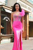 Sereia Fuchsia Um Ombro Removível Ruffles Long Prom Dress com Fenda