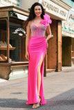 Sereia Fuchsia Um Ombro Removível Ruffles Long Prom Dress com Fenda