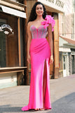 Sereia Fuchsia Um Ombro Removível Ruffles Long Prom Dress com Fenda