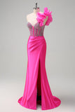 Sparkly Fuchsia Sereia Um Ombro Removível Ruffles Long Prom Dress com Fenda