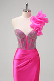 Sparkly Fuchsia Sereia Um Ombro Removível Ruffles Long Prom Dress com Fenda