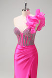 Sparkly Fuchsia Sereia Um Ombro Removível Ruffles Long Prom Dress com Fenda