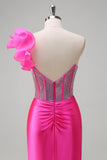 Sparkly Fuchsia Sereia Um Ombro Removível Ruffles Long Prom Dress com Fenda