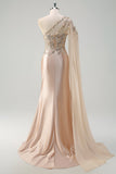 Sparkly Champagne Sereia Um Ombro Lantejoulas Long Prom Dress com Fenda