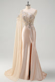 Sparkly Champagne Sereia Um Ombro Lantejoulas Long Prom Dress com Fenda