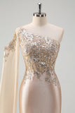 Sparkly Champagne Sereia Um Ombro Lantejoulas Long Prom Dress com Fenda