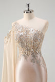 Sparkly Champagne Sereia Um Ombro Lantejoulas Long Prom Dress com Fenda