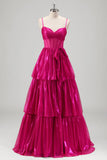 Sparkly A Line Fuchsia Corset Tiered Spaghetti Straps Vestido de baile metálico