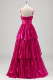 Sparkly A Line Fuchsia Corset Tiered Spaghetti Straps Vestido de baile metálico