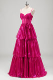 Sparkly A Line Fuchsia Corset Tiered Spaghetti Straps Vestido de baile metálico