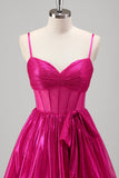 Sparkly A Line Fuchsia Corset Tiered Spaghetti Straps Vestido de baile metálico