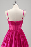 Sparkly A Line Fuchsia Corset Tiered Spaghetti Straps Vestido de baile metálico