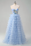 Azul A-Line Querida Keyhole Corset Tiered Espelhos Ruffle Long Prom Dress