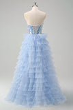 Azul A-Line Querida Keyhole Corset Tiered Espelhos Ruffle Long Prom Dress