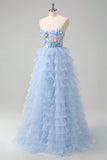 Azul A-Line Querida Keyhole Corset Tiered Espelhos Ruffle Long Prom Dress