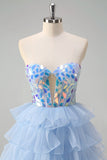 Azul A-Line Querida Keyhole Corset Tiered Espelhos Ruffle Long Prom Dress