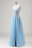 Azul Claro Uma Linha Espaguete Correias Corset Floral Appliqued Prom Dress with Slit