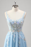 Azul Claro Uma Linha Espaguete Correias Corset Floral Appliqued Prom Dress with Slit