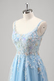 Azul Claro Uma Linha Espaguete Correias Corset Floral Appliqued Prom Dress with Slit