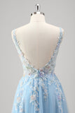 Azul Claro Uma Linha Espaguete Correias Corset Floral Appliqued Prom Dress with Slit