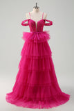 Hot Pink Cold Shoulder A-Line Tulle Tiered Long Prom Dress com Appliques