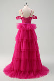 Hot Pink Cold Shoulder A-Line Tulle Tiered Long Prom Dress com Appliques