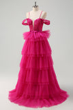 Hot Pink Cold Shoulder A-Line Tulle Tiered Long Prom Dress com Appliques